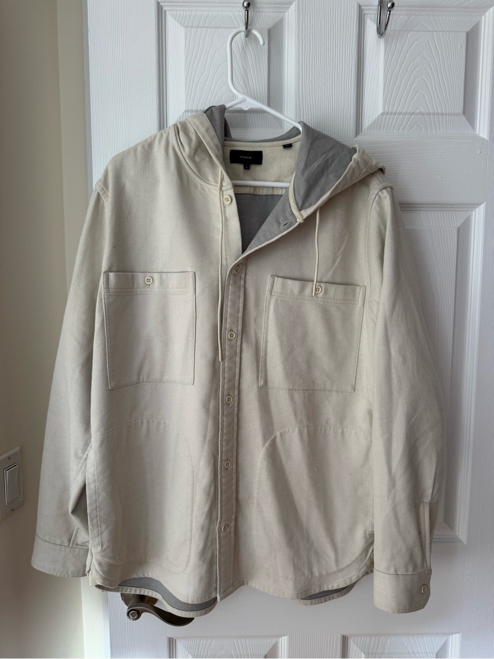 Vince Men's Cream Hooded Shirt Jacket with Gray Lining
